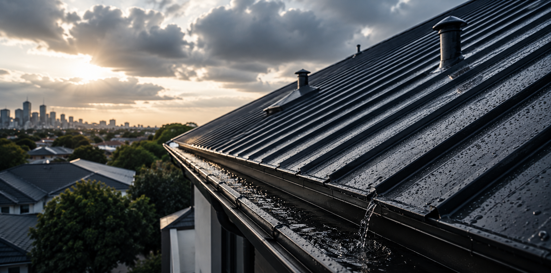 Rain draining from a dark metal roof into new guttering on a Melbourne home at dusk