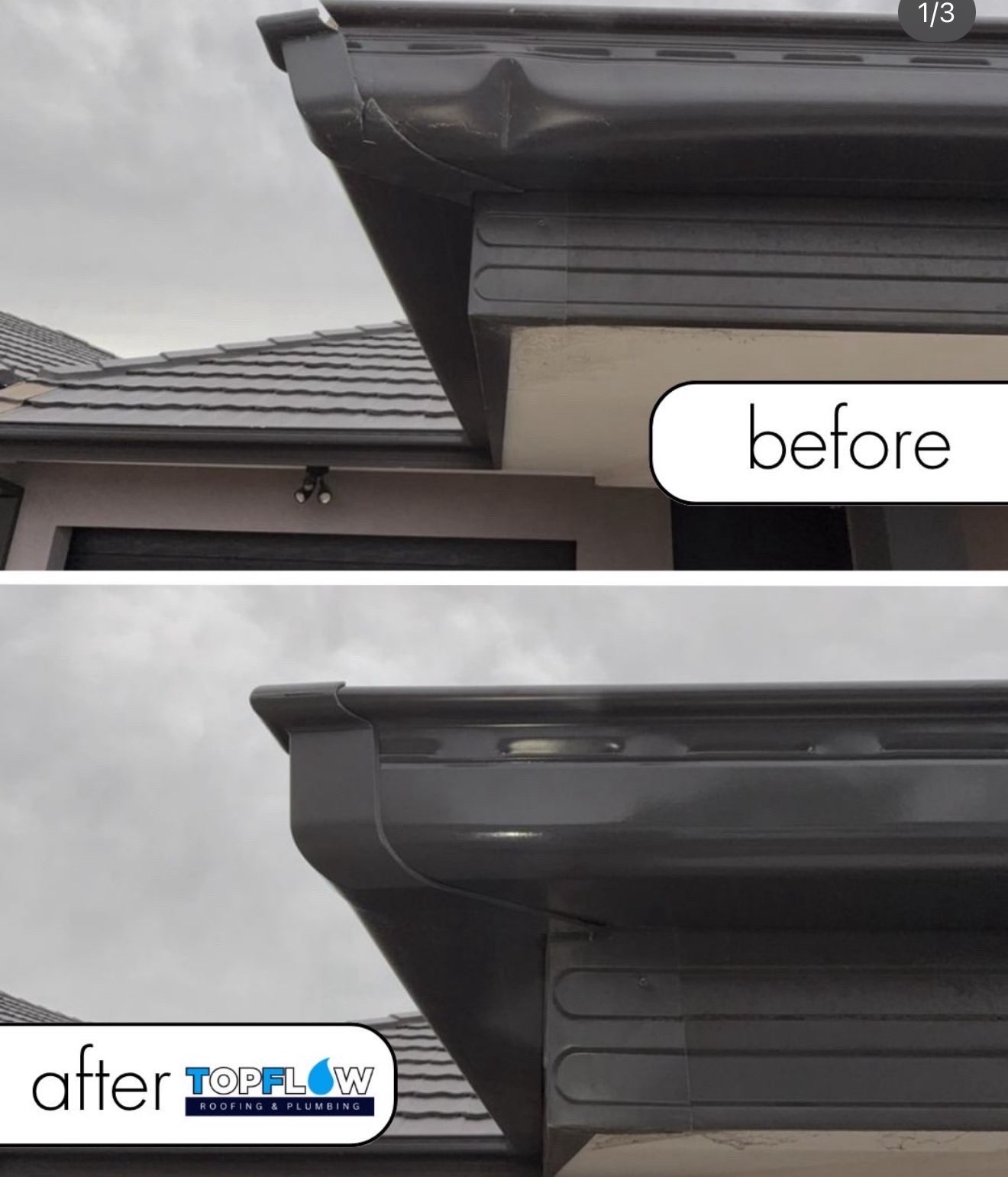 Before and after close-up of a roof corner with new dark guttering