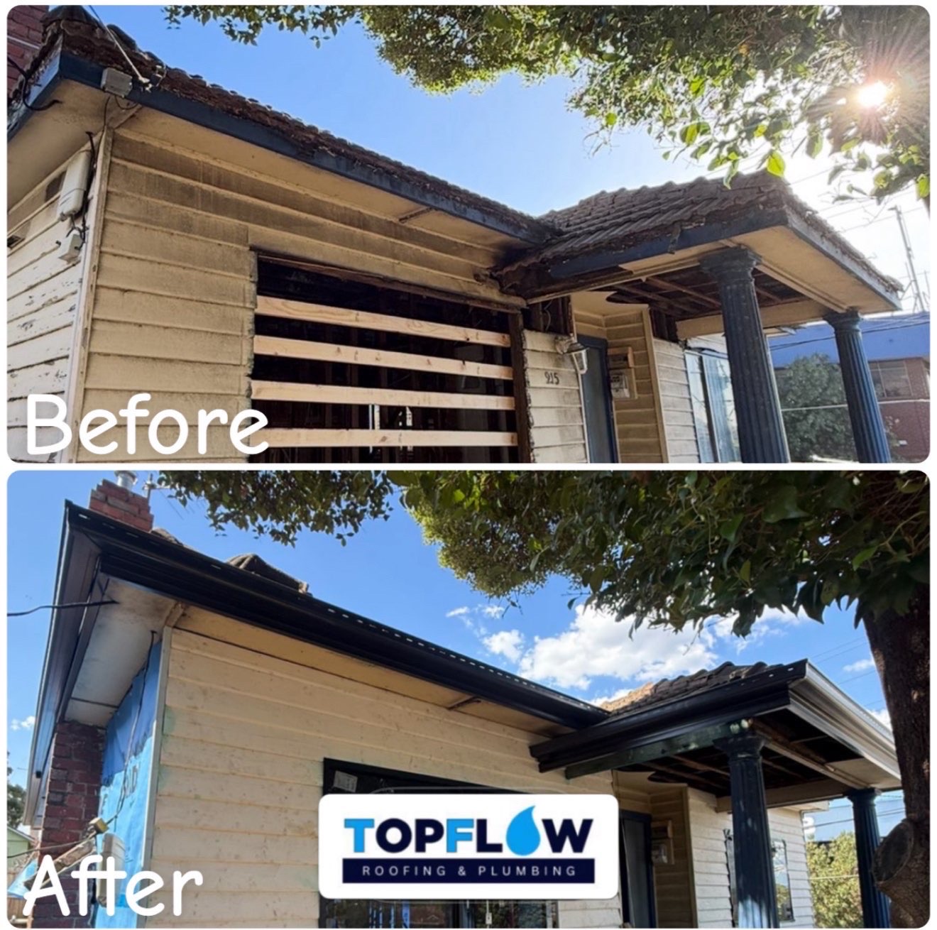 Before and after comparison of a gutter replacement on a Melbourne house