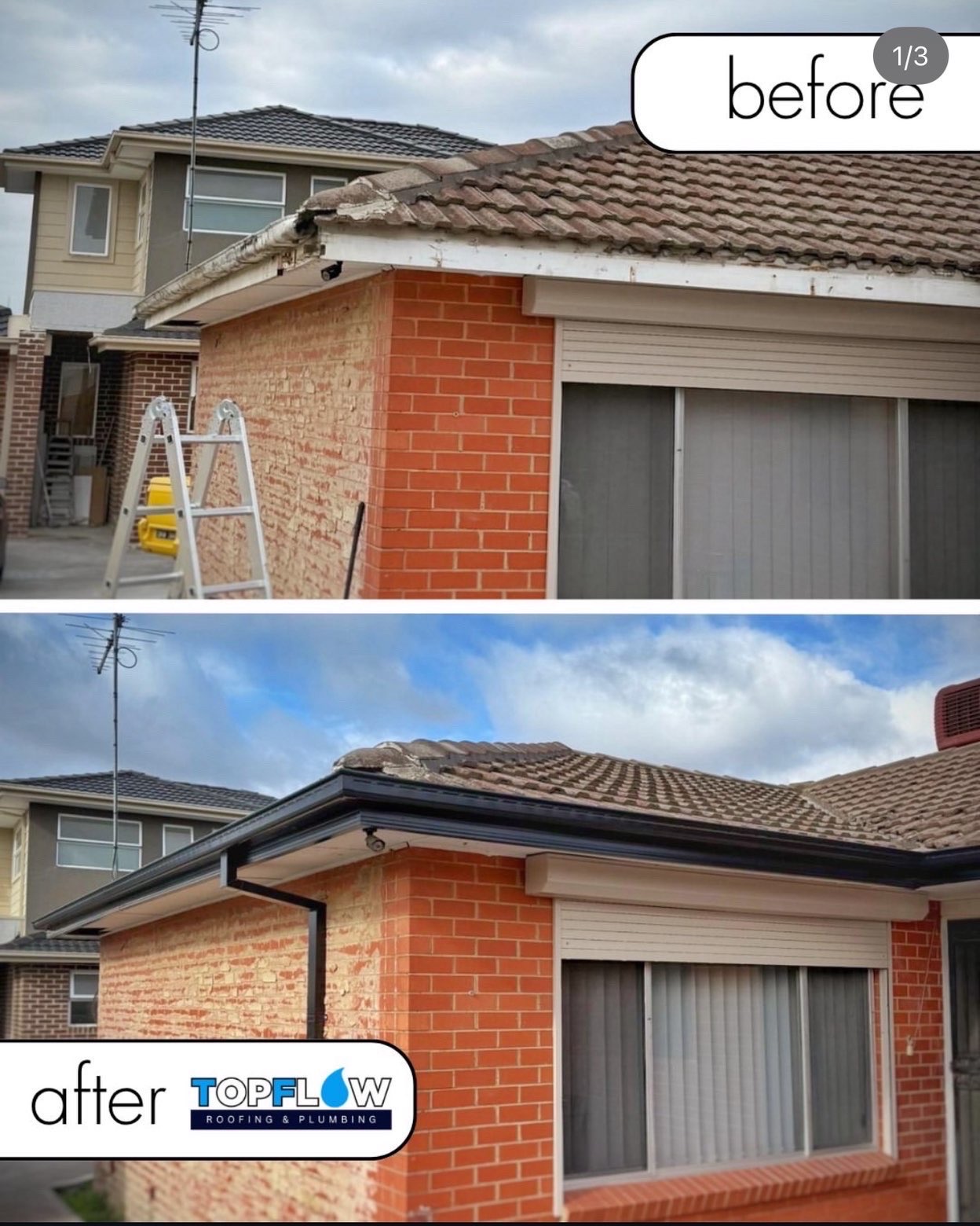 Before and after of a brick home with rusted guttering replaced with new black guttering